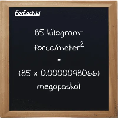 Cara konversi kilogram-force/meter<sup>2</sup> ke megapaskal (kgf/m<sup>2</sup> ke MPa): 85 kilogram-force/meter<sup>2</sup> (kgf/m<sup>2</sup>) setara dengan 85 dikalikan dengan 0.0000098066 megapaskal (MPa)